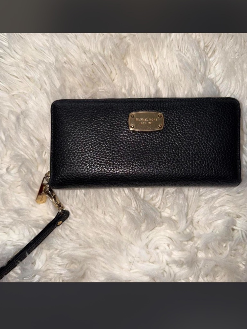 Michael Kors Black Pebbled Leather Zip-Around Wristlet Wallet with Gold Hardware